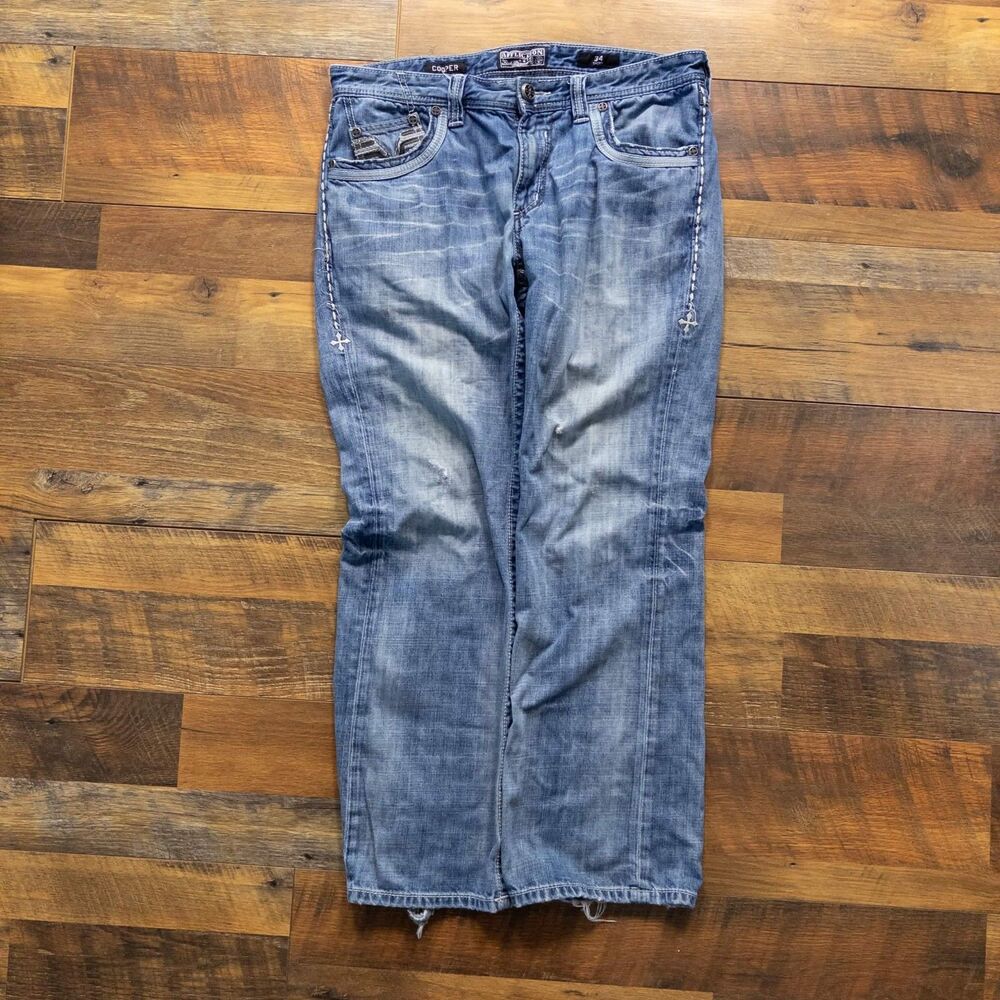 Affliction Black Premium Cooper Jeans Mens 34x30 Bootcut Thick Stitch Buckle Y2K
